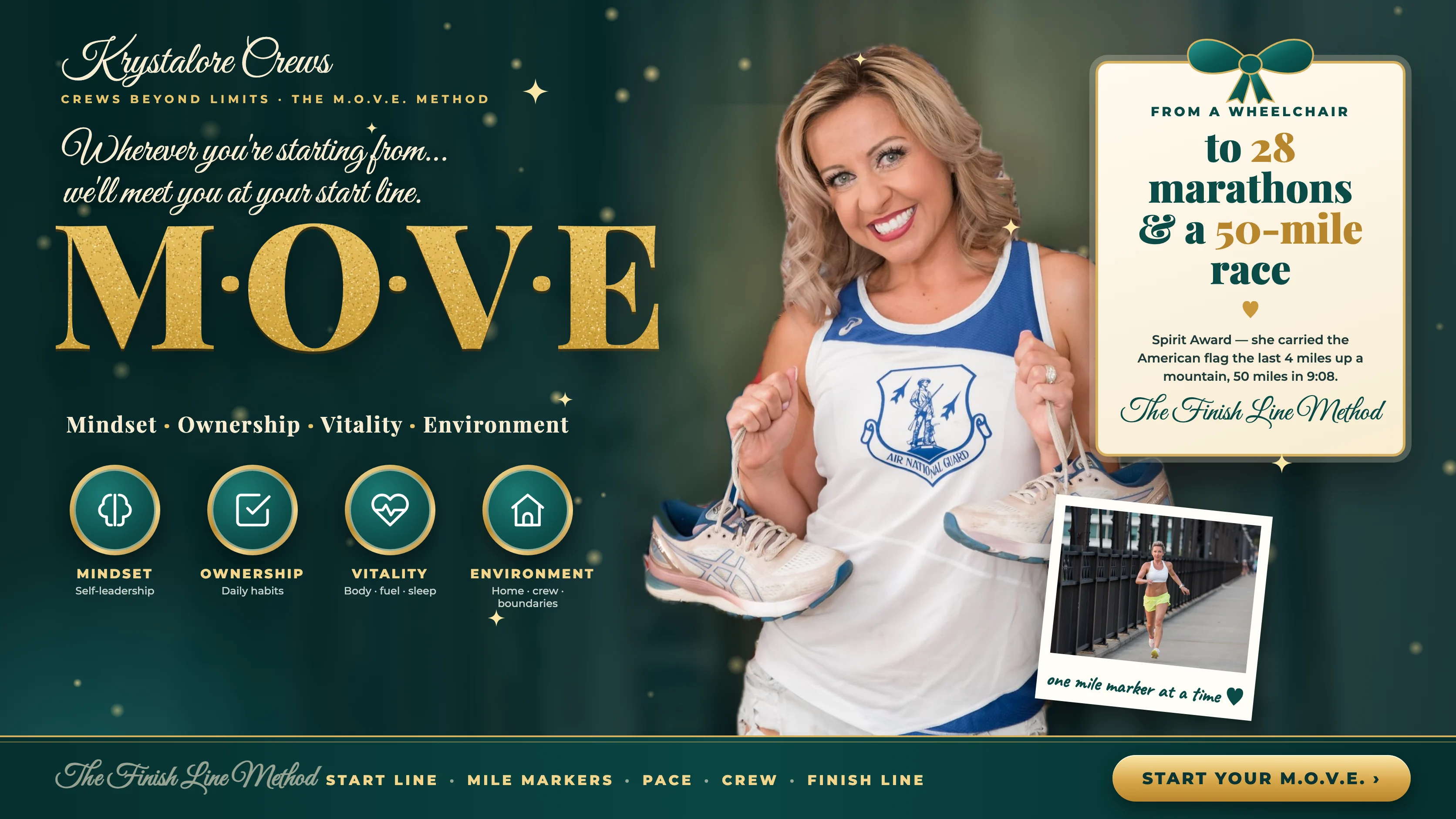 M.O.V.E. by Krystalore Crews: Krystalore smiling, holding her running shoes, beside gold M·O·V·E lettering — from a wheelchair to 28 marathons and a 50-mile race. The Finish Line Method.