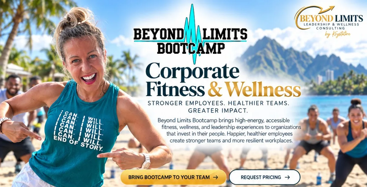 Beyond Limits Bootcamp — Corporate Fitness & Wellness: stronger employees, healthier teams, greater impact. Krystalore leading an energetic beach workout.