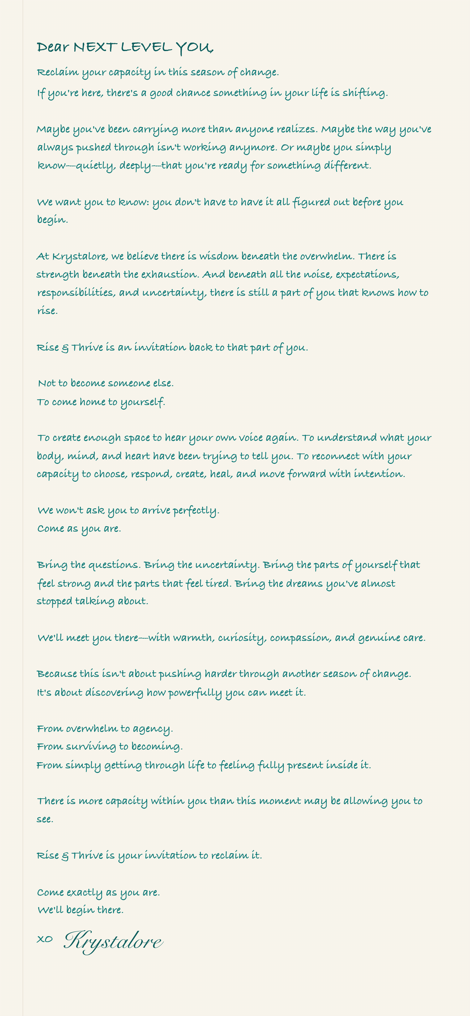 Dear Next Level You — a handwritten letter from Krystalore